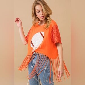 Orange Fringe Sequin Sleeve Tee with White Sequin Graphic